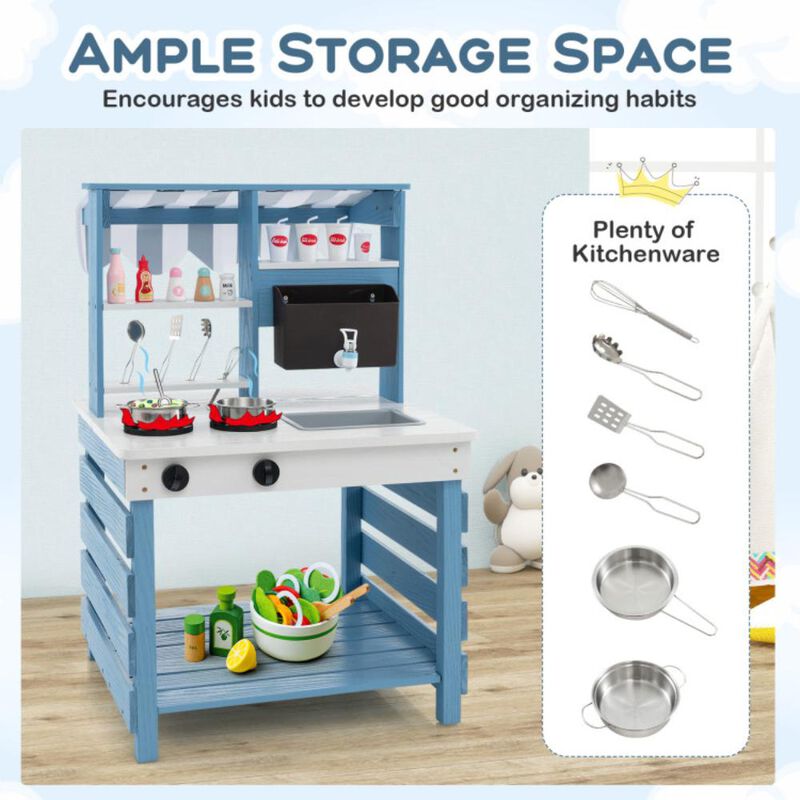 Hivvago Double-sided Wooden Play Kitchen and Grocery Stand with Stoves for Kids 3+ Years Old