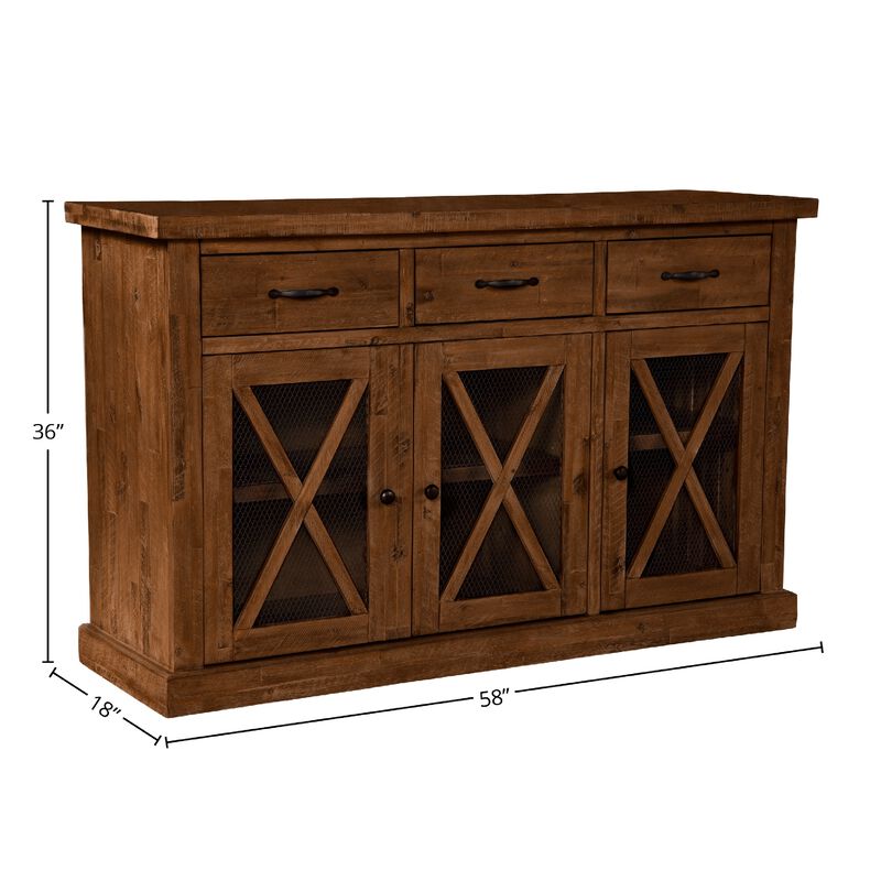 Bela Sideboard Console, 3 Mesh Doors, Drawers, Brown Solid Acacia Wood image number 4