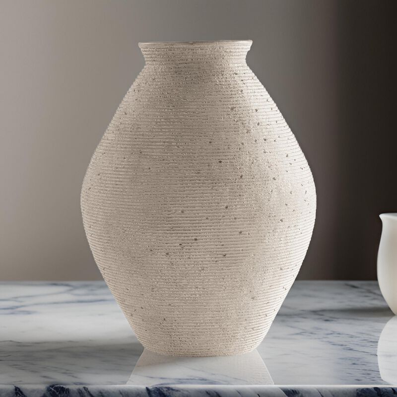 Dale 17 Inch Round Polyresin Vase, Tightly Ribbed Texture, Antique Beige - Benzara