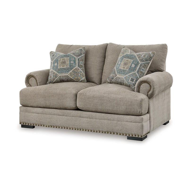 Golo Loveseat, 72 Inch, 2 Accent Pillows, Gray Fabric, Nailhead Trim