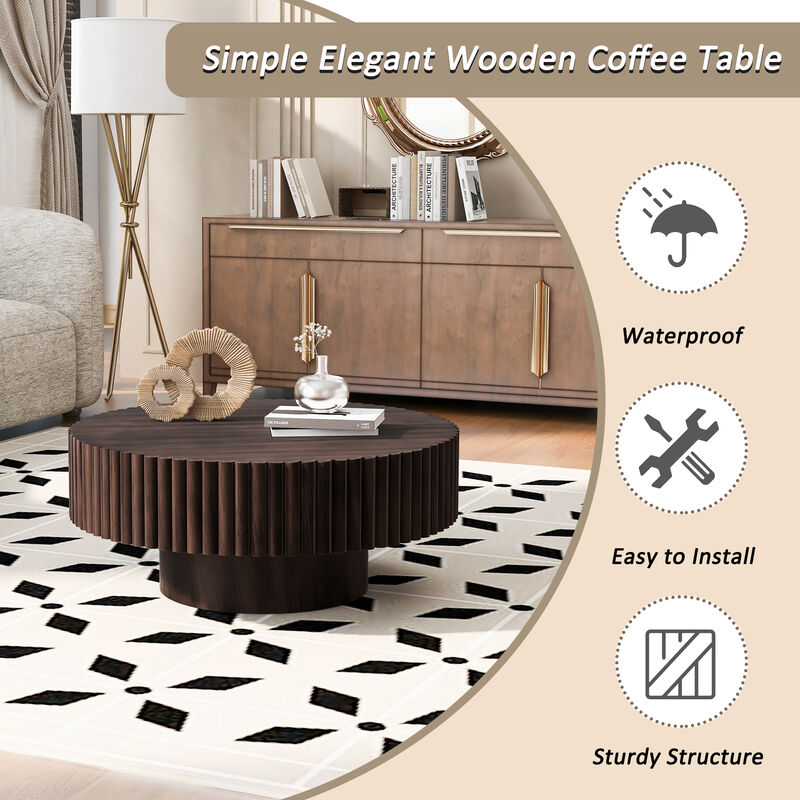 31.5'' Round Wood Coffee Table, Modern Fluted Drum Tea Table, Retro Circle Center Table image number 5