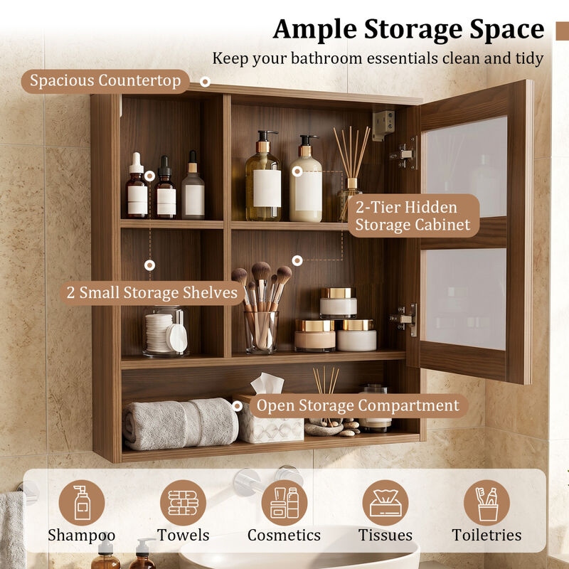 Bathroom Wall Mirror Cabinet with 2 Hidden Shelves and 3 Open Cubbies image number 3