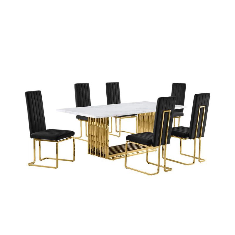 Best Quality Furniture 7pc Large(79) marble top dining set with gold base and 6 Black side chairs