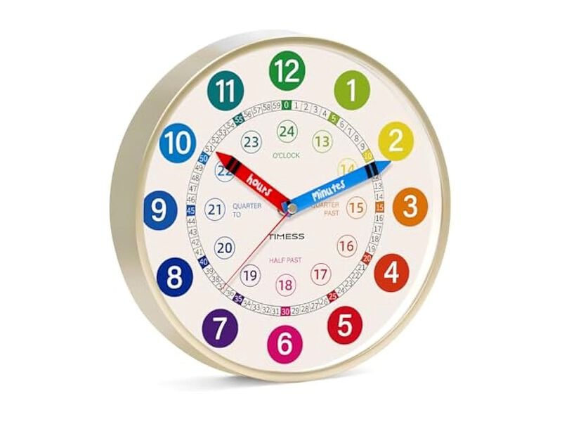 Learning Tell Time Colorful Teaching Wall Clock 12 Inch Silent Non Ticking image number 0