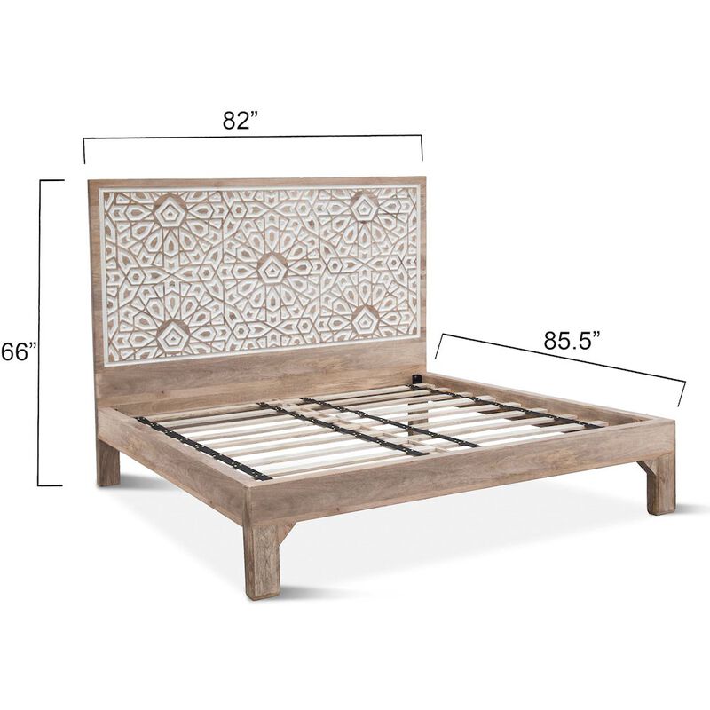 World Interiors Haveli Mango Wood Geometric Carved King Bed