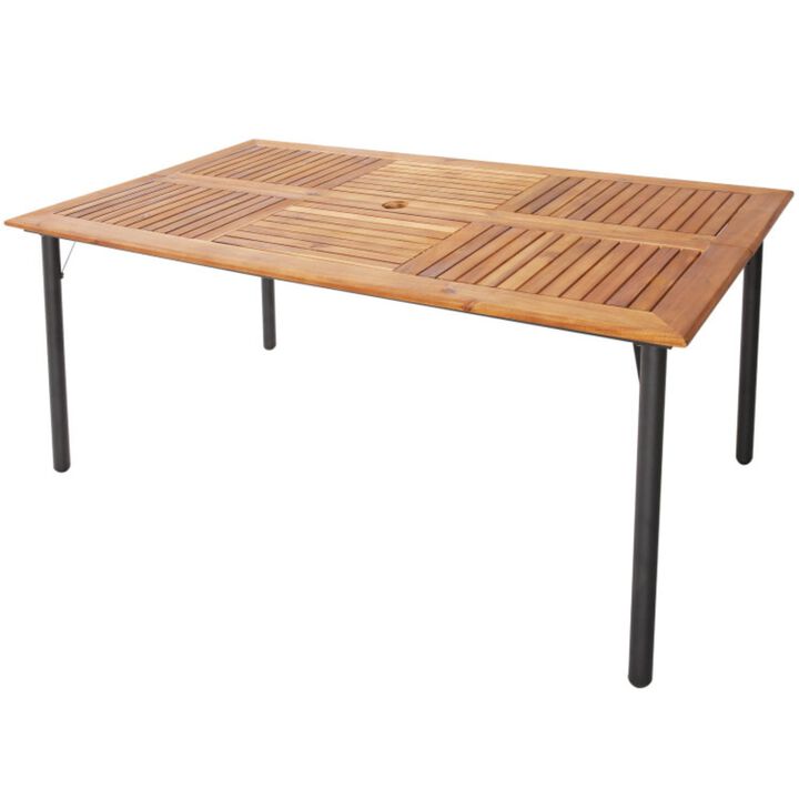 Hivvago Patio Acacia Wood Dining Table with Umbrella Hole and Metal Legs
