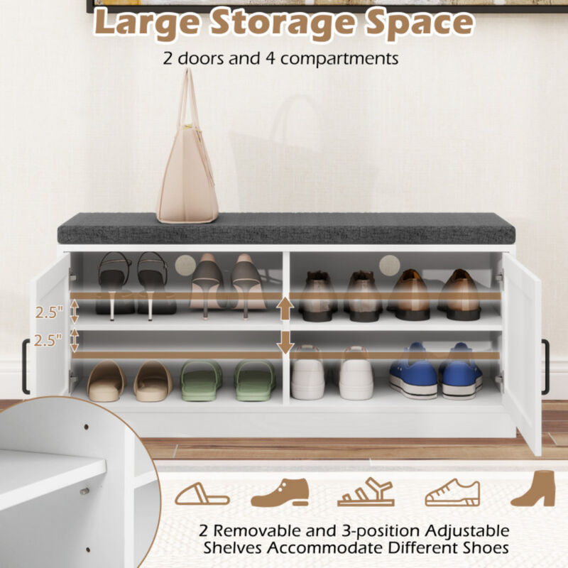 Shoe Bench with Cushion Farmhouse Shoe Rack Organizer with 2 Barn Doors