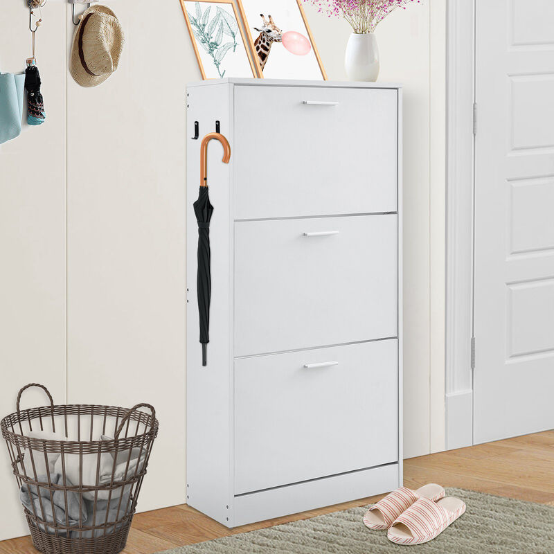 Freestanding Shoe Storage Cabinet with 3 Flip Doors and Hooks for Living Room