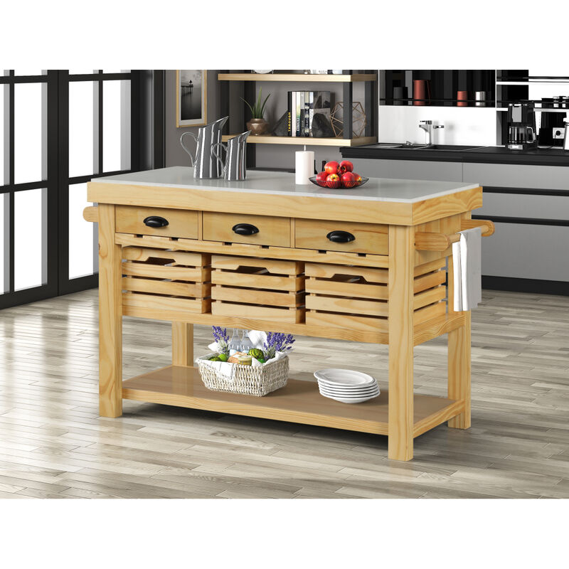 Grovaam Kitchen Island, Marble & Natural Finish