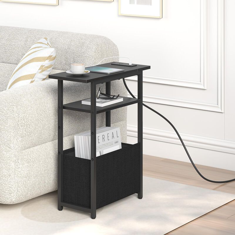 sthmec Narrow Side Table with Charging Station, Small End Table for Small Spaces, Skinny Nightstands with Storage Basket, 3 Tier