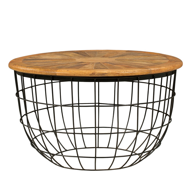 Round Mango Wood Coffee Table with Wooden Top and Nesting Basket Frame, Brown and Black-Benzara