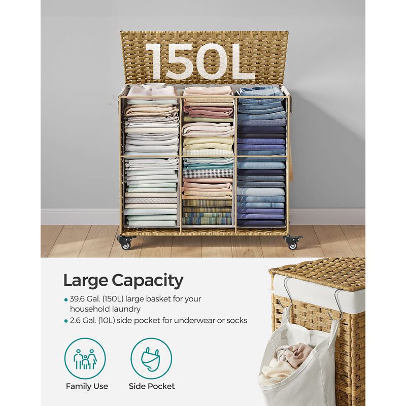 Handwoven 160L Rattan-Style Laundry Hamper with 3 Compartments and Removable Liner