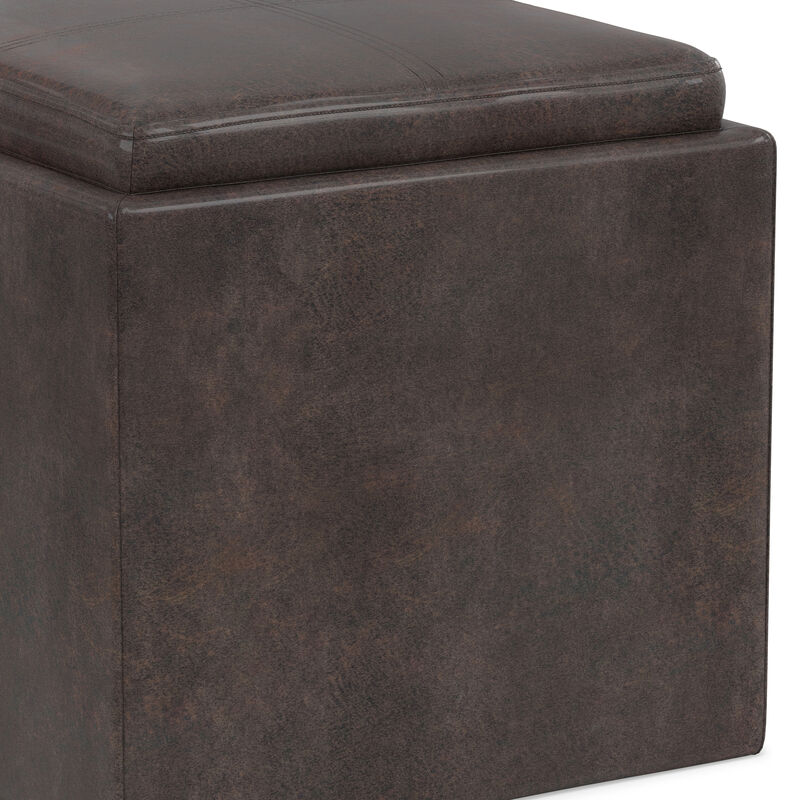Rockwood 17 inch Wide Contemporary Square Cube Storage Ottoman with Tray in Distressed Brown Vegan Faux Leather, Assembled image number 9