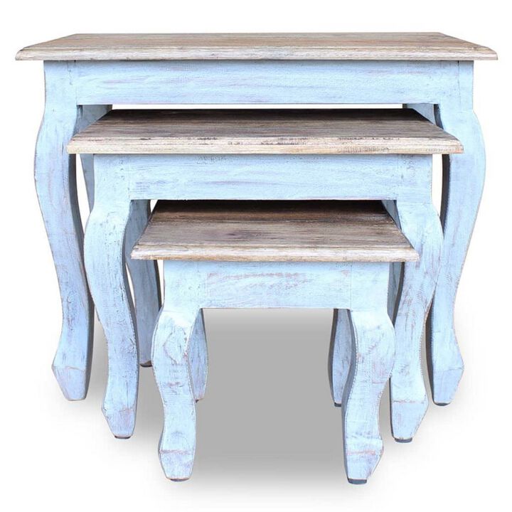 3pc Nesting End Table Set, Light Blue Turned Legs Brown Reclaimed Wood
