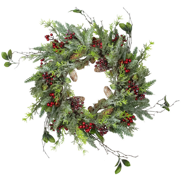 Frosted Pine and Berry Artificial Christmas Wreath  25-Inch  Unlit