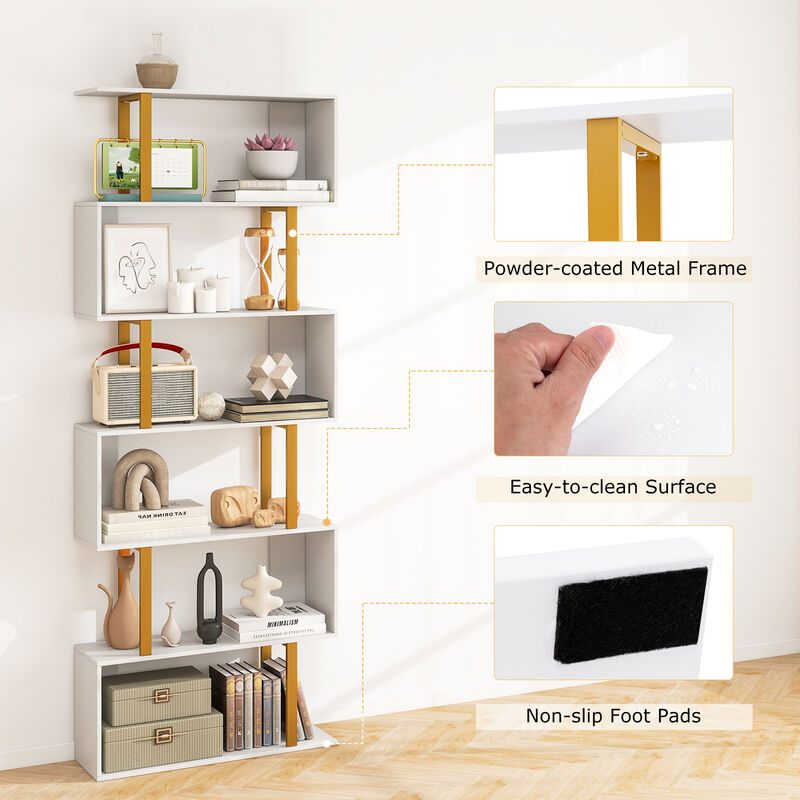 6-Tier Geometric Bookcase with Metal Frame and Dual Anti-Tipping Kits