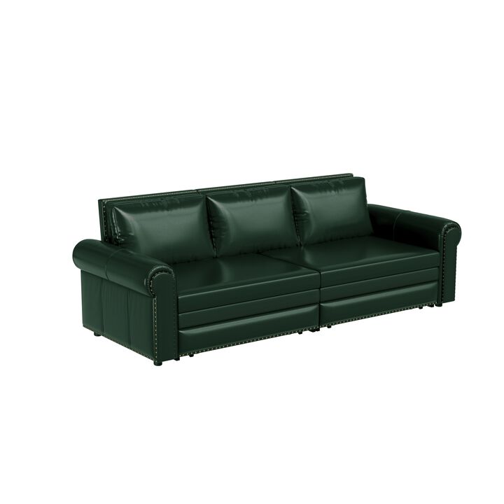 TATEUS 93.7" Chesterfield King Pull-Out Sofa Bed, Faux Leather 3-in-1 Convertible Sleeper