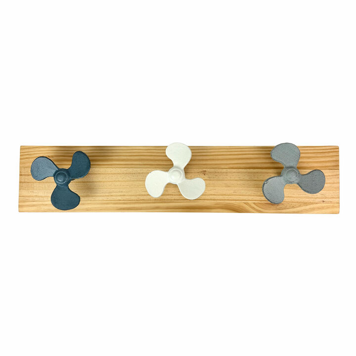 Zeckos 24 Inch Boat Propeller Wall Hooks Rack on Natural Wood Board, Nautical Multicolor Metal and Wood Wall Mounted Coat and Towel Hook Rail for Entryway, Bathroom, Coastal Spaces