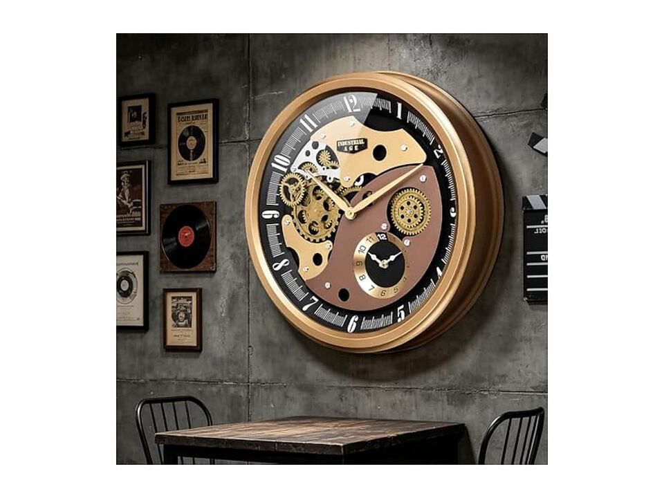 Industrial Moving Gears Dual Dials Wall Clock 20 Inch Gold Living Room Decor