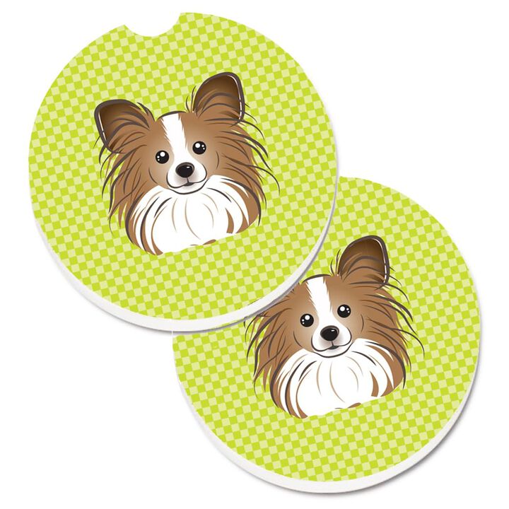 Caroline's Treasures Checkerboard Lime green Papillon Set of 2 Cup Holder Car Coasters BB1310CARC, 2.56, Multicolor