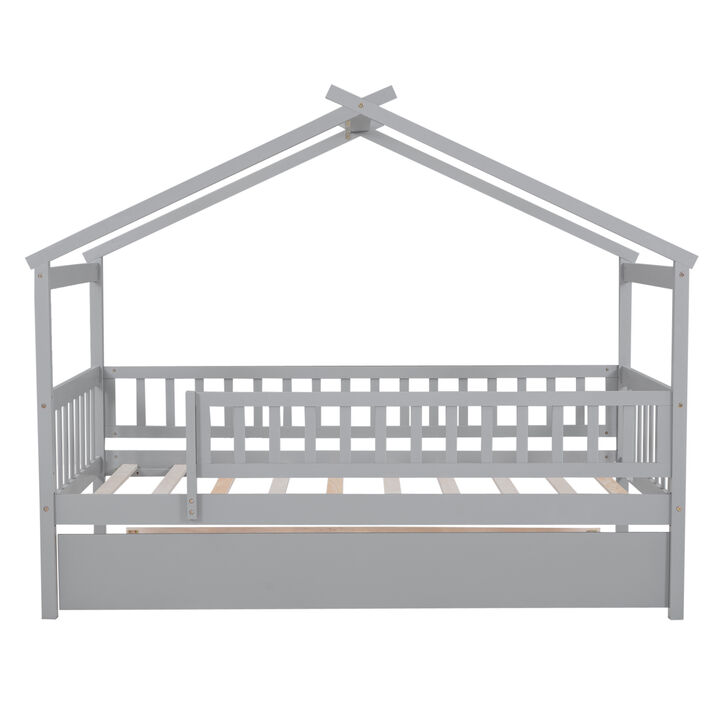 Merax Twin Size Wooden House Bed with Twin Size Trundle