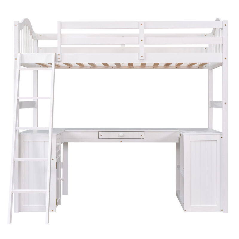 Twin size Loft Bed with Drawers, Cabinet, Shelves and Desk, Wooden Loft Bed with Desk - White image number 3