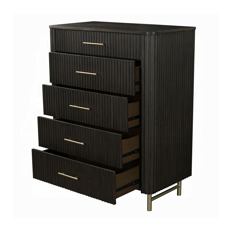 Jeh Tall Dresser Chest, 5 Drawers, Espresso Brown Wood and Gold Metal