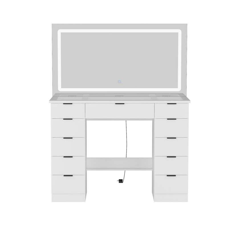 FUFU&GAGA White Vanity Desk with 3 Color Lighting Modes and Glass Top, 11 Drawers for Storage (43" W x 15" D x 55" H), White