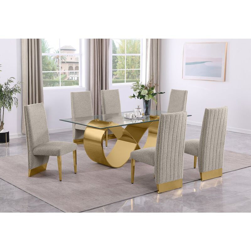 Best Quality Furniture 7Pc Tempered Glass Dining Set With 6 Gray Boucle Side Chairs And A Gold Base