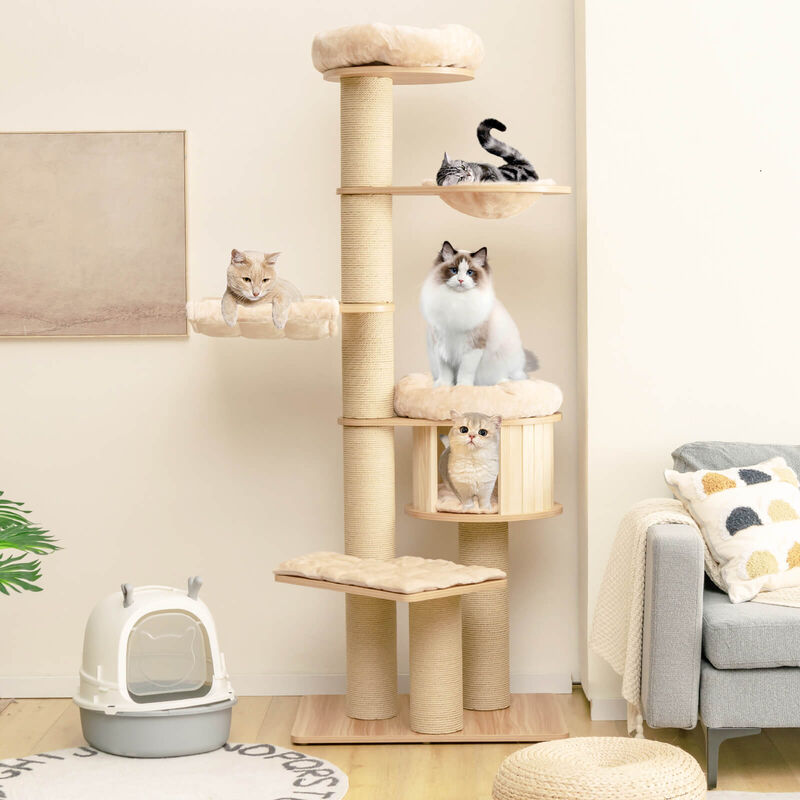 Modern Tall Cat Tree Tower with Scratch Posts and Washable Mats-Beige image number 1