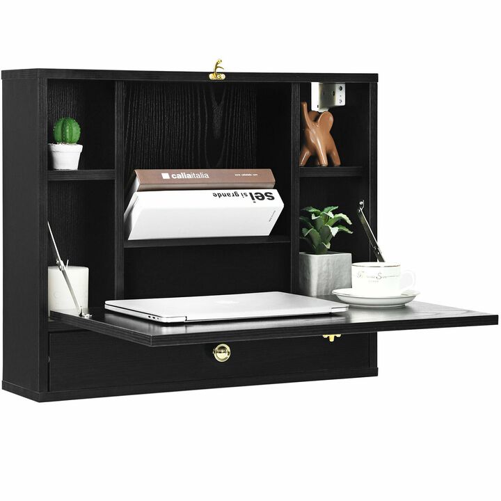 Wall Mounted Folding Laptop Desk Hideaway Storage with Drawer