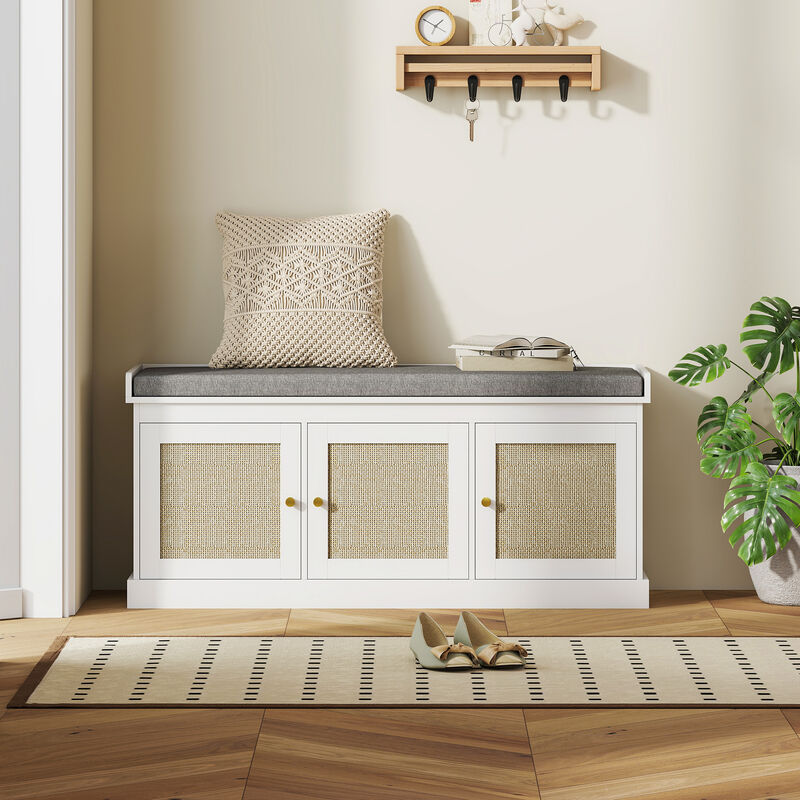 Hivvago Entryway Shoe Bench with Woven Doors and Shelves image number 7