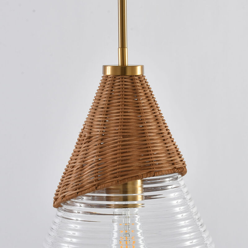 14" Bohemian Coastal Gold Handwoven Rattan Pendant Light with Clear Ribbed Cone Glass Shade for Bedroom, Living Room or Kitchen Island image number 8
