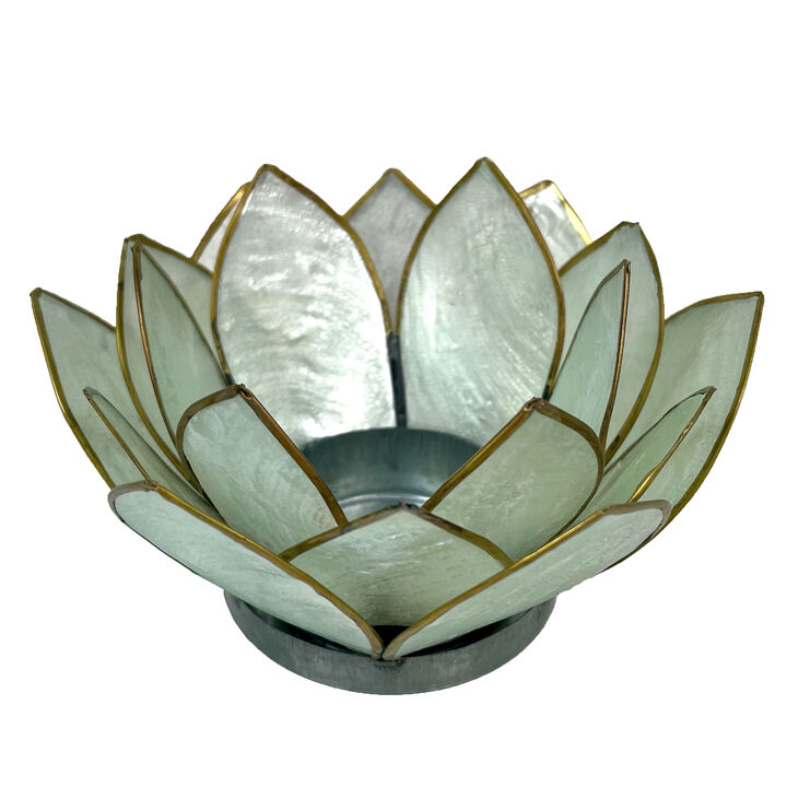 Seafoam Green Capiz Shell Blooming Lotus Flower Blossom Tealight Candle Holder