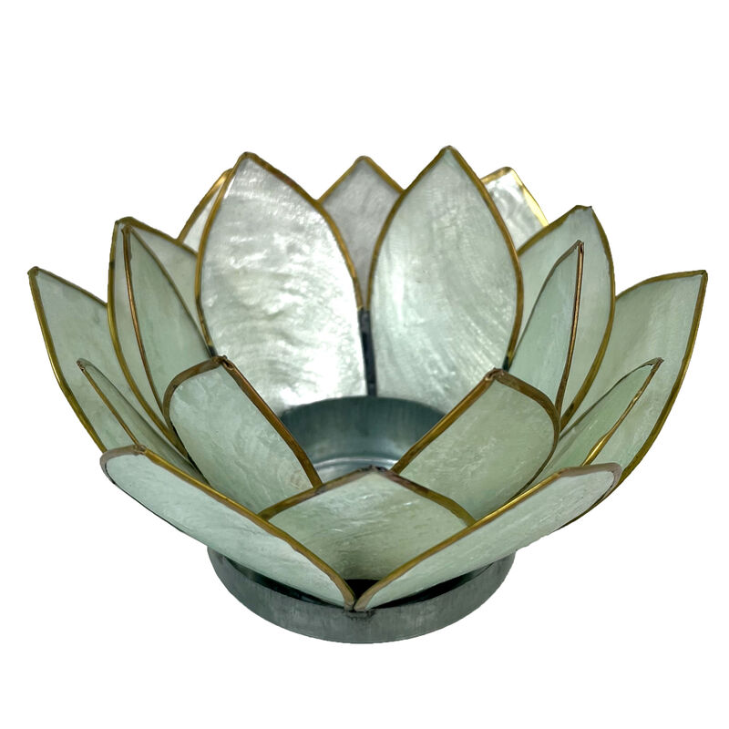 Seafoam Green Capiz Shell Blooming Lotus Flower Blossom Tealight Candle Holder image number 0