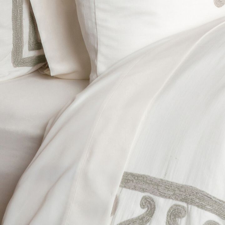 Lenz Cotton Duvet Cover with Hand Stitched Damask Embroidery, Ivory-Benzara