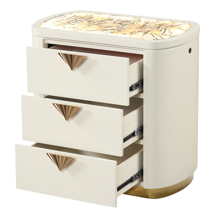 La Pierre High-Gloss Nightstand with 3 Drawers, Rounded Design and Illuminated Top