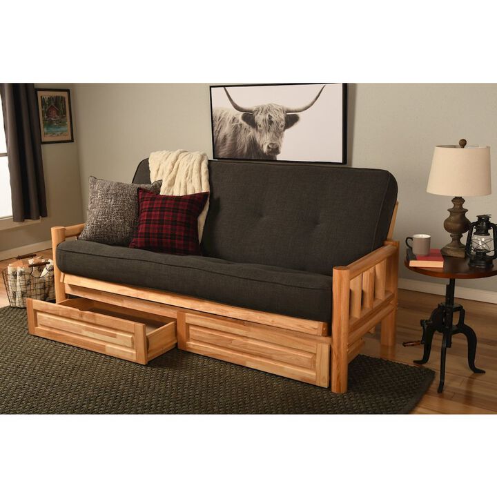 Lodge Frame-Natural Finish-Linen Charcoal Mattress-Storage Drawers