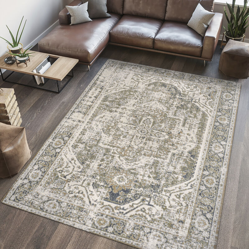 Keesha Bold Distressed Medallion Low-Pile Machine-Washable Area Rug