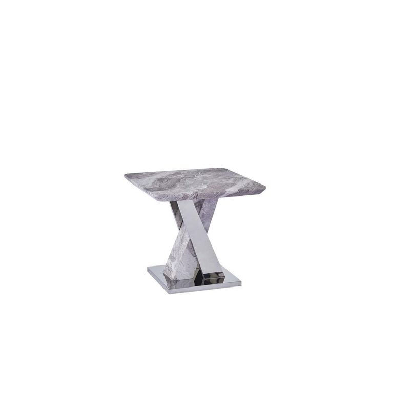 White Faux Marble End Table w/Stainless Steel X-Base