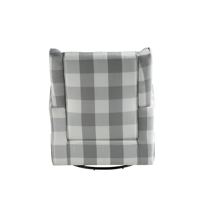 35 Inch Accent Swivel Chair, Glider, Checkered Fabric, Light Gray