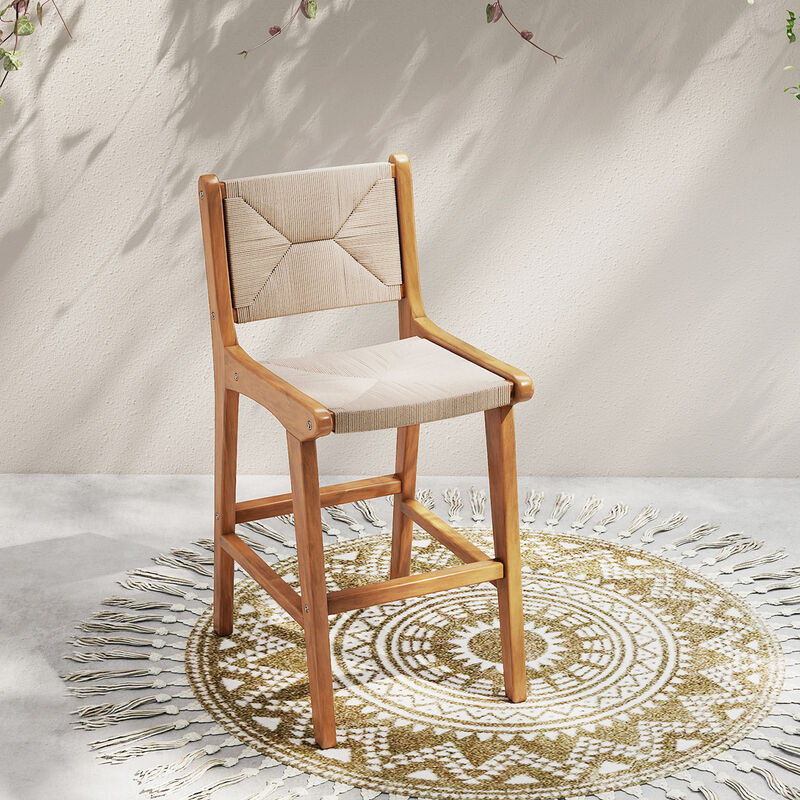 Patio Barstool Counter Height with Teak Wood Frame and Woven Rope Seat-Natural image number 1