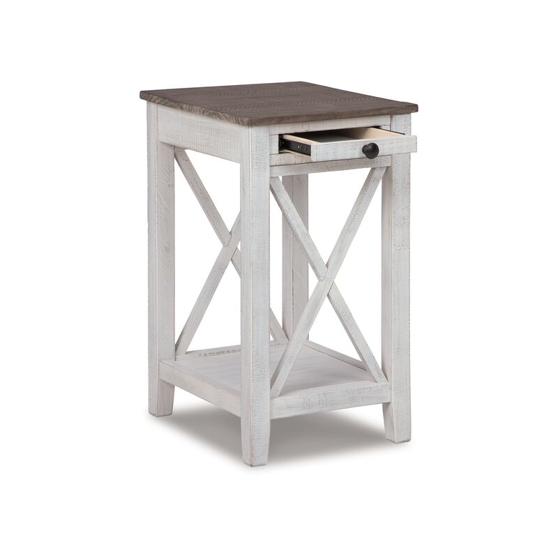 Accent Table, 1 Drawer and Shelf, USB Ports, 25 Inch White Solid Wood