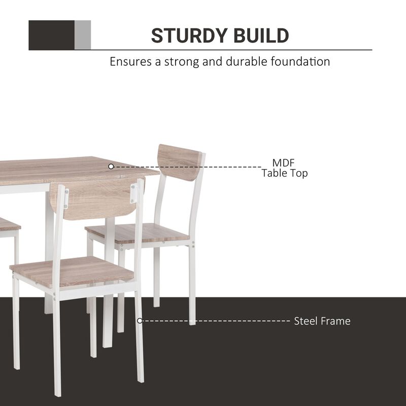 Modern 5 Piece Dining Set,  Dining Room Set with Foldable Drop Leaf, 4 Chairs, and Steel Frame for Kitchen, Dining Table Set for 4, Oak/White