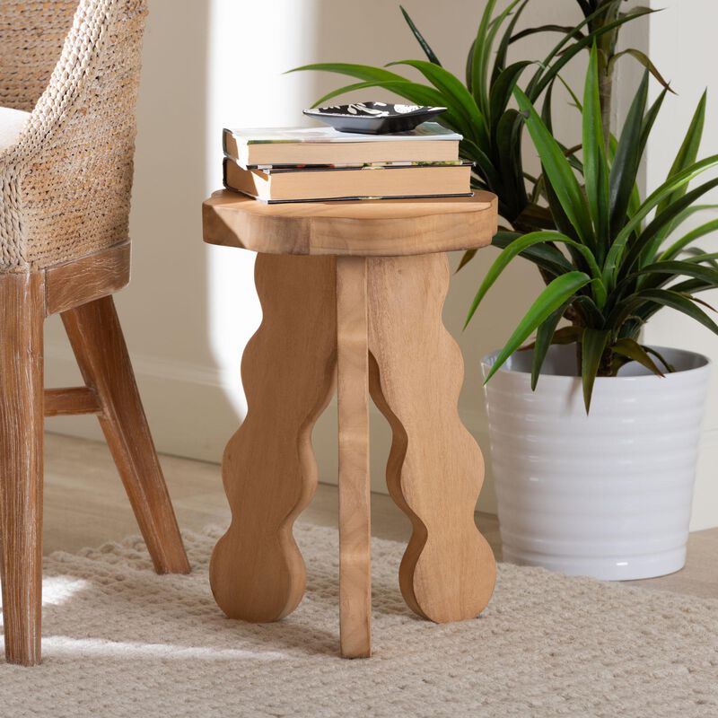 bali & pari Sino Acacia Wood Multipurpose Accent Stool - Sculptural End Table with Wavy Tripod Base for Living Room, Bedroom or Dining Room image number 6