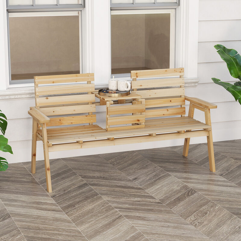 Patio Fir Wood Bench with Convertible Fold-Down Middle Table. image number 4