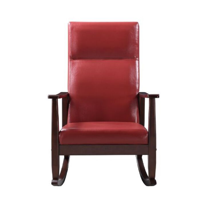 Rocking Chair with Leatherette Seating and Wooden Frame, Red-Benzara