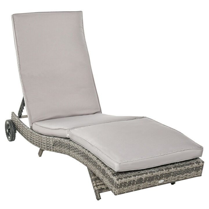 Outsunny Chaise Lounge Pool Chair, Outdoor PE Rattan Cushioned Patio Sun Lounger w/ 5-Level Adjustable Backrest & Wheels for Easy Movement, Wicker, Gray