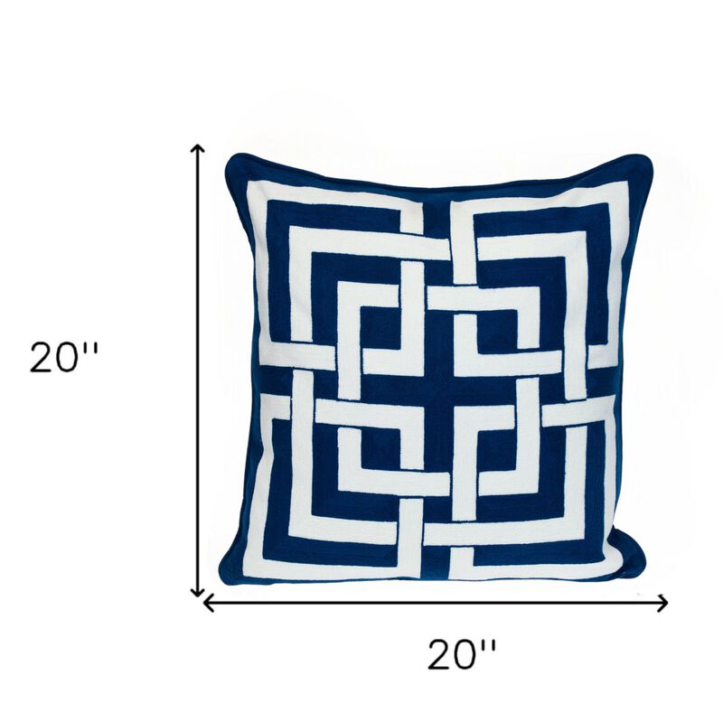 HomeRoots 20" Blue and White Interlocking Cotton Throw Pillow image number 4