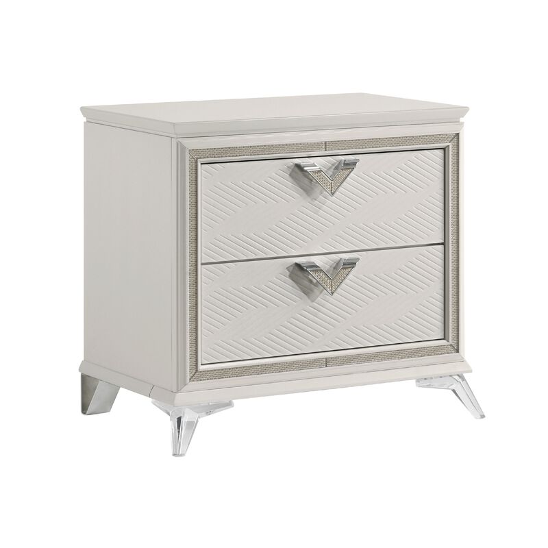 Dery Nightstand, 2 Drawers Chrome Triangle Handles, Gold White Wood - Benzara